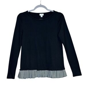 J.Crew Factory Womens Black Sweater XS Long Sleeve Houndstooth Ruffle Top